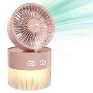 Portable Table Fan with Mist Humidify, USB Rechargeable Fan w/Night Light, Brushless 3 Speeds Personal Mini Fan, 180° Rotate Evaporative Air Cooler 350ml Water Tank-Pink