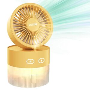Portable Table Fan with Mist Humidify, USB Rechargeable Fan w/Night Light, Brushless 3 Speeds Personal Mini Fan, 180° Rotate Evaporative Air Cooler 350ml Water Tank-Yellow