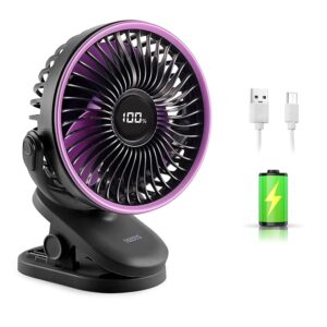 High Speed Rechargeable Clip-On Table Fan with Digital Display – 360° Moving USB Charging Fan for Home,Kitchen,Baby Stroller | 2000mAh Battery,5 Speed Modes,Portable Battery Operated Fan -Black