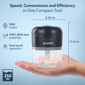 AGARO Elite Rechargeable Mini Electric Chopper, Food Grade Bowl, Stainless Steel Blades, One Touch Operation, for Mincing Garlic, Ginger, Onion, Vegetable, Meat, Nuts, 250 Ml,...