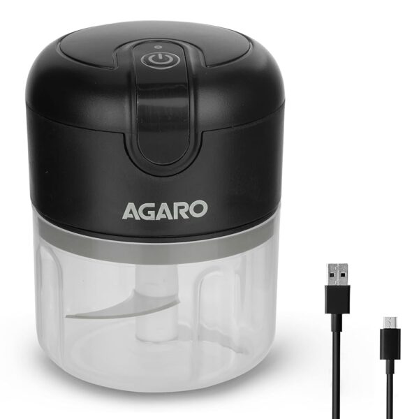 AGARO Elite Rechargeable Mini Electric Chopper, Food Grade Bowl, Stainless Steel Blades, One Touch Operation, for Mincing Garlic, Ginger, Onion, Vegetable, Meat, Nuts, 250 Ml,...