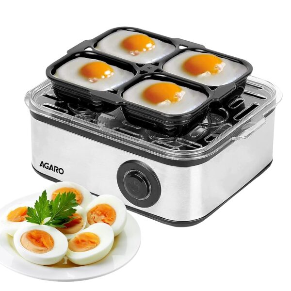 AGARO Grand Egg Boiler and Poacher,2-in1 Boils 8 Eggs, Poach 4 Eggs, Steamed Vegetables, 3 Boiling Modes, Stainless Steel Body, Transparent Lid, 500 Watts, Silver |14 Ounces(414...