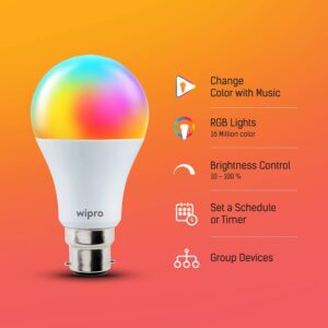 Wipro B22 12.5W Wi-Fi Smart LED Bulb with Music Sync for Amazon Alexa & Google Assistant (Pack of 1, Multicolor)