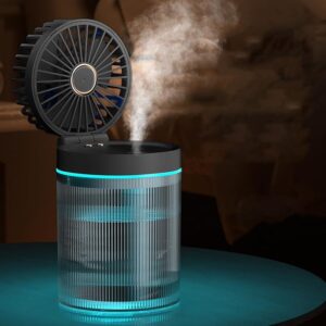 Mist Rechargeable Fan with 7-Color Night Light & Humidifier – Portable, 3-Speed Cooling, 1200mAh Battery (3-Hour Backup), Quiet & Foldable for Home, Office & Travel (Black)