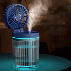 Mist Rechargeable Fan with 7-Color Night Light & Humidifier – Portable, 3-Speed Cooling, 1200mAh Battery (3-Hour Backup), Quiet & Foldable for Home, Office & Travel (Blue)