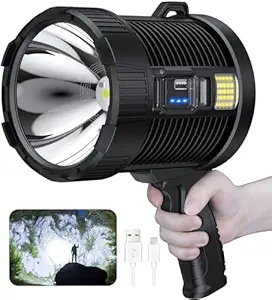 Rechargeable Spotlight,900000 Lumens Handheld Hunting Flashlight Led Flashlight and Solar Panels,3 Modes 3 Colors Waterproof,Lightweight Bright Searchlight for Hunting,Camping, Boating